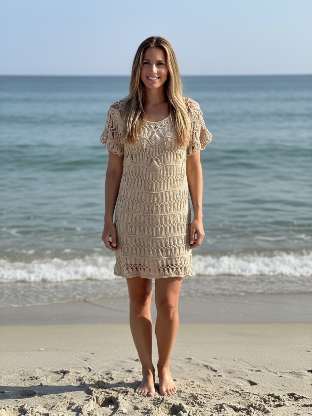Solitaire Beige Crochet Swim Coverup Dress Size Small